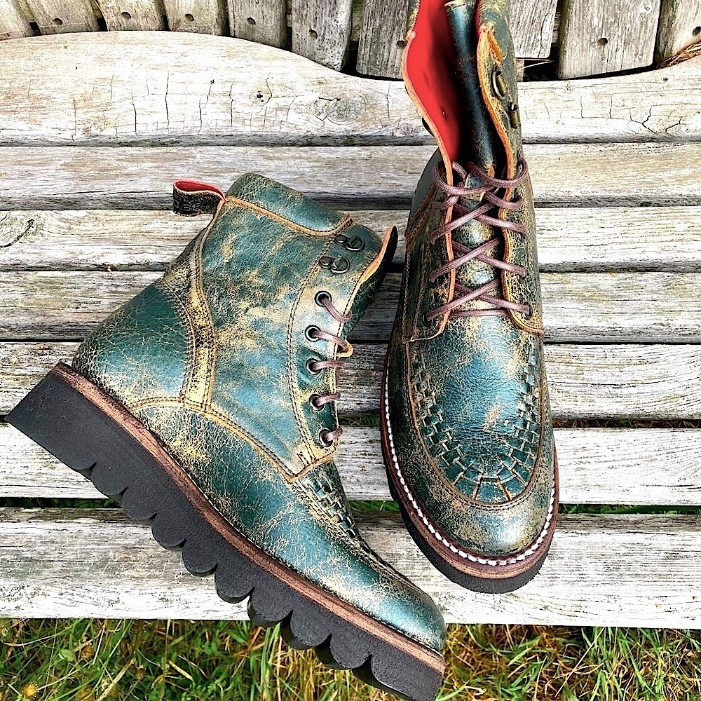 BED STU Boots ELISHA II Leather Combat Moto TEAL LUX Green Black Size 8 - Picture 5 of 12